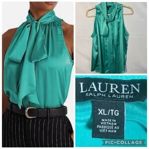 LAUREN Ralph Lauren Tie Neck Charmeuse Sleeveless Blouse Turquoise Size XL